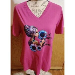 Handmade Women's V-Neck SS Pink T-Shirt Sz L "Make Yourself the Priority." New